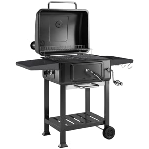 Barbecue charbon smocker mobile métal 3 étagères cheminée thermomètre noir