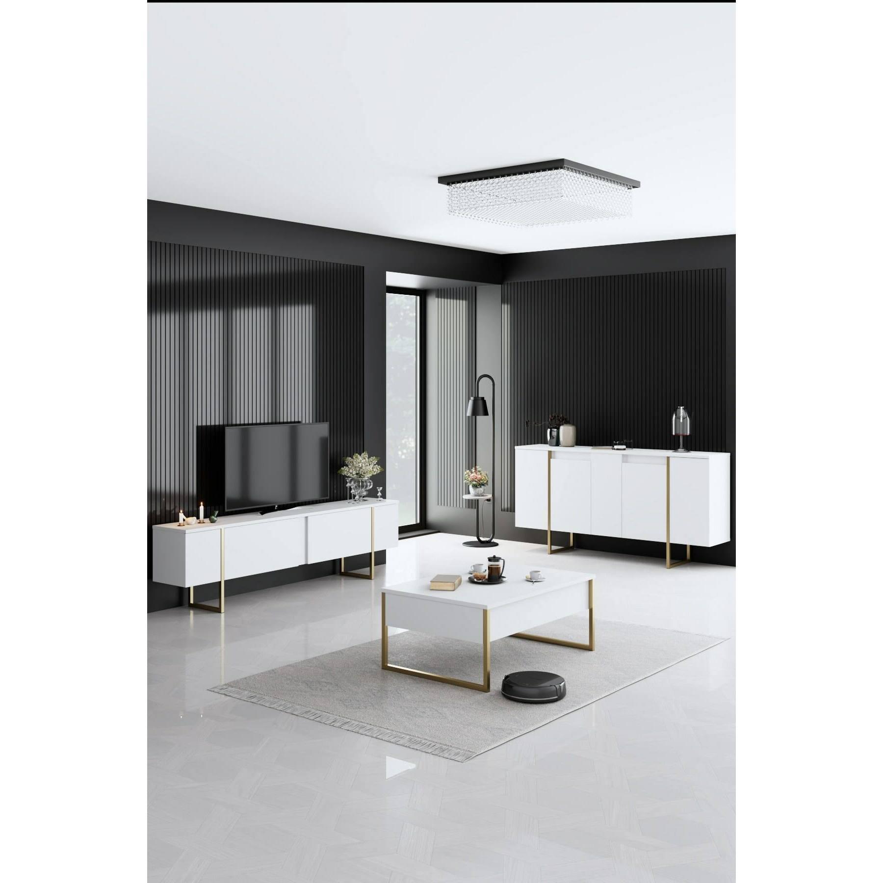 Credenza Dgarzitt, Buffet da soggiorno, Madia da salotto, Dispensa da cucina, 160x35h80 cm, Bianco e Oro