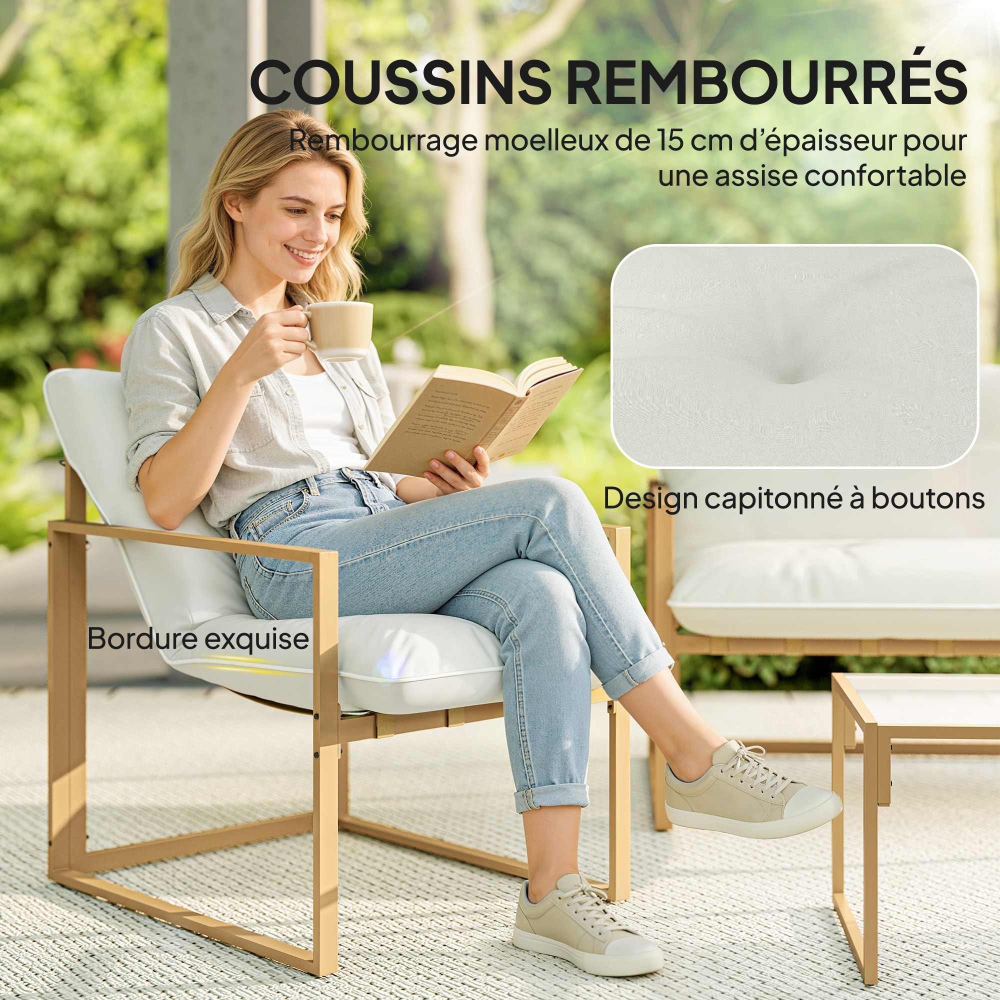 Salon de jardin extérieur 4 pièces avec coussins ultra-épais 15cm - ensemble mobilier de jardin et salon bas pour terrasse - canapé 2 places avec table basse et 2 fauteuils, cadre acier kaki