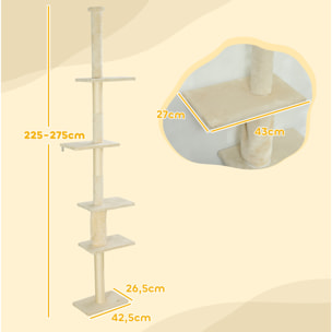 Árbol para Gatos de Suelo a Techo 225-275 cm Árbol Rascador para Gatos Torre para Gatos con Múltiples Plataformas Sistema de Antivuelco Crema