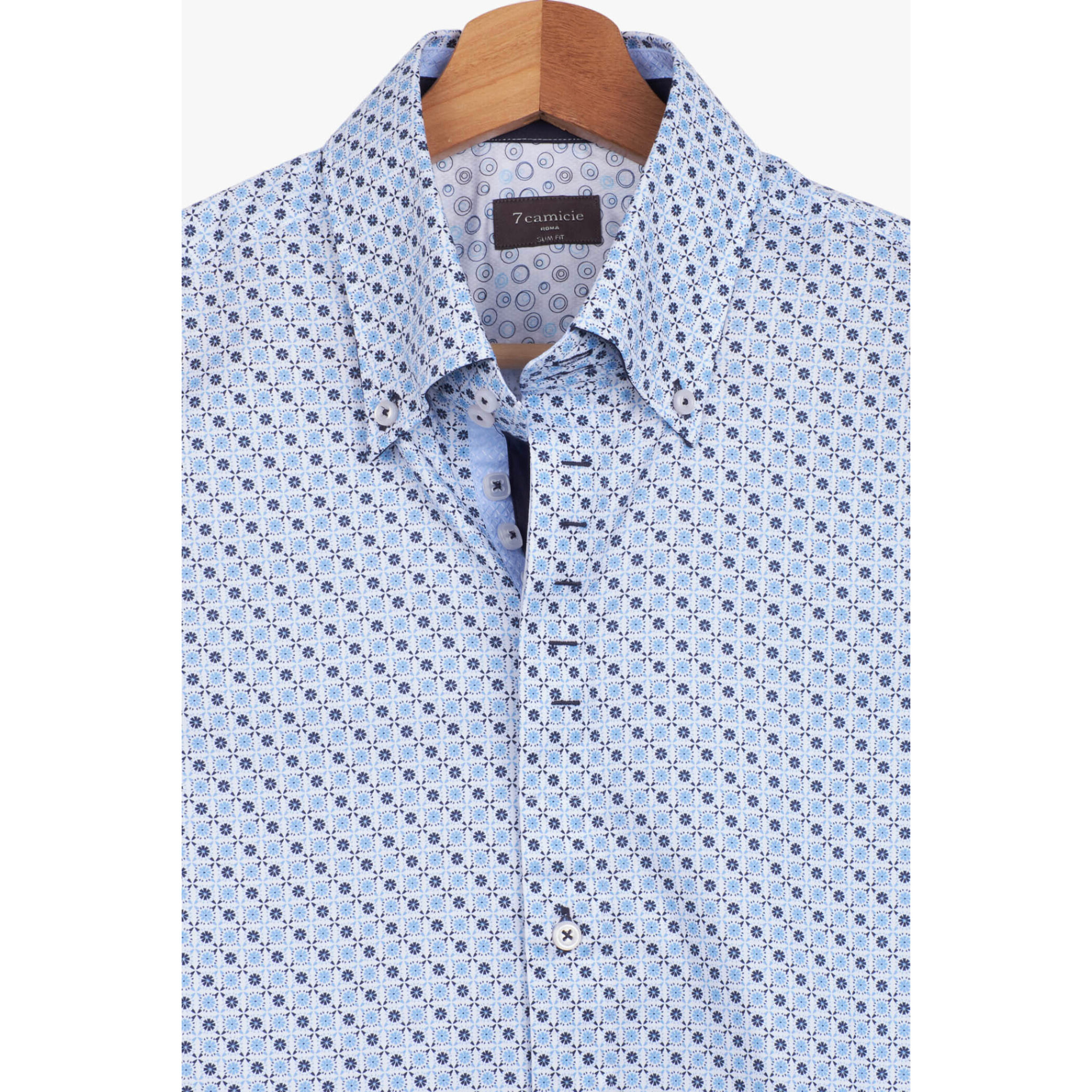 Camicia Uomo 2 Bottoni Button Down Slim Popeline Stampato Bianco/Celeste