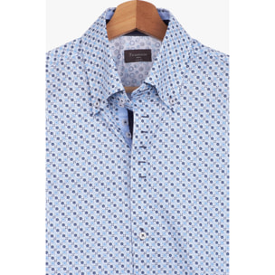 Camicia Uomo 2 Bottoni Button Down Slim Popeline Stampato Bianco/Celeste