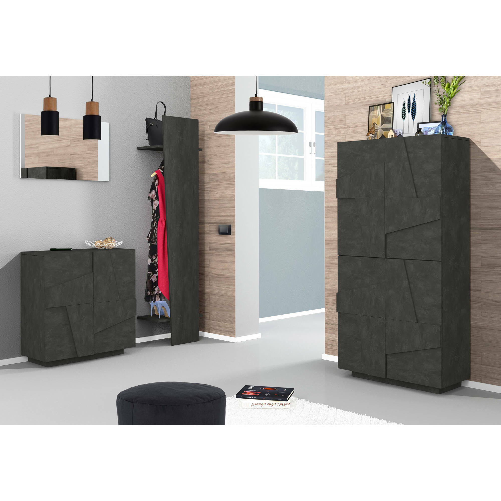 Mobile da ingresso Allinko, Entratina moderna multifunzione, Armadietto multiuso per atrio, 100% Made in Italy, cm 50x30h200, Antracite