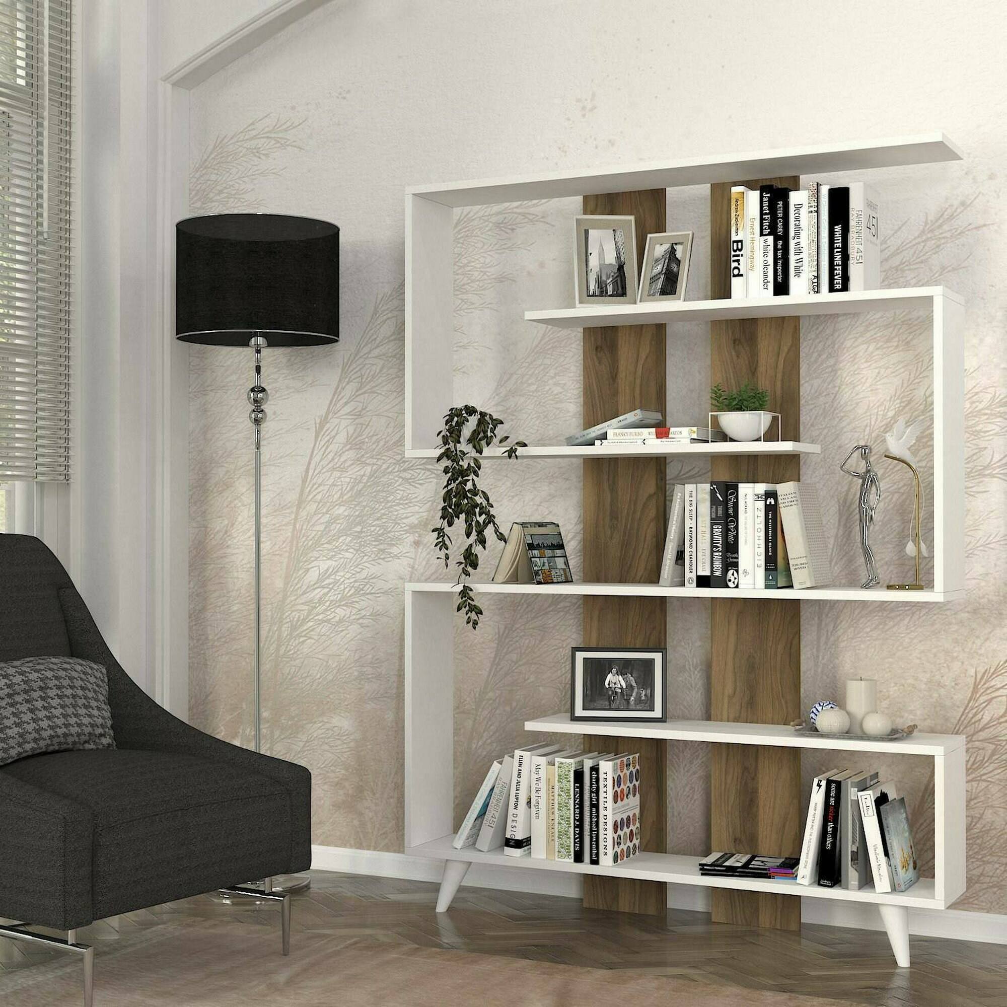 Libreria Dmandell, Scaffale da ufficio, Mobile portalibri, Biblioteca, 120x20h162 cm, Bianco e Noce