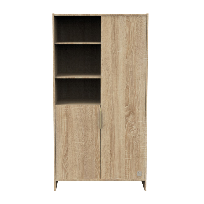 Armoire 2 portes et 3 niches avec poignées dorées décor chêne doré