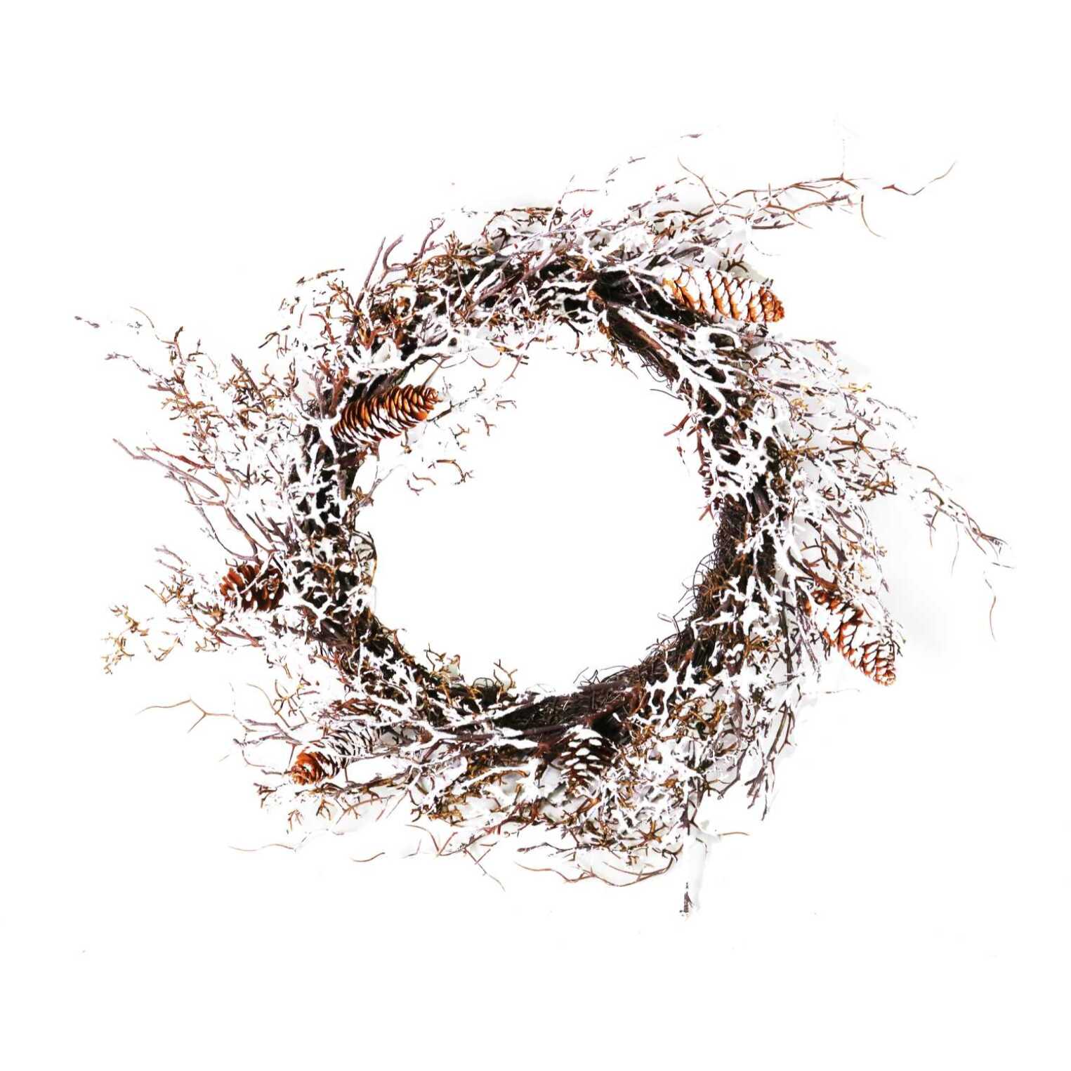 Ghirlanda in plastica pino innevata con pigne cm60x60h13