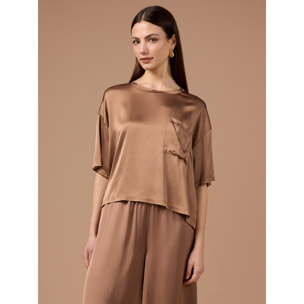 Oltre - Blusa de satén con bolsillo - Marrón