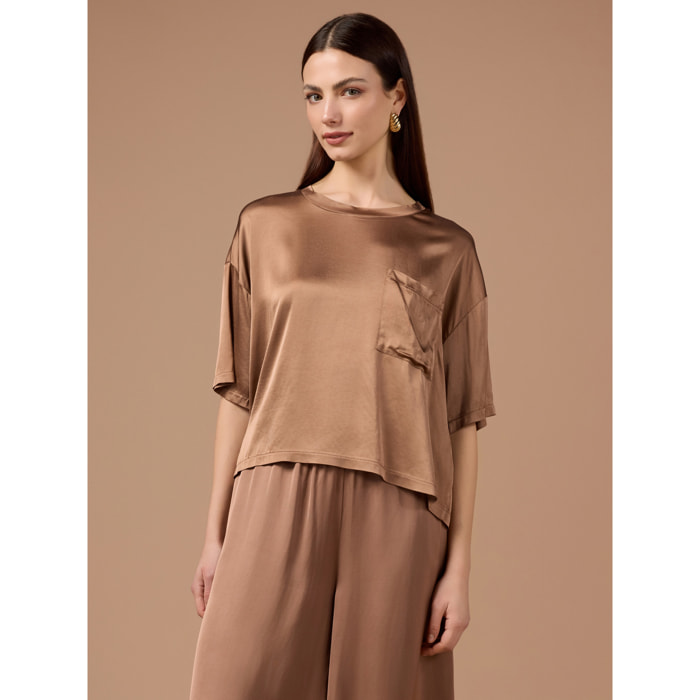 Oltre - Blusa de satén con bolsillo - Marrón