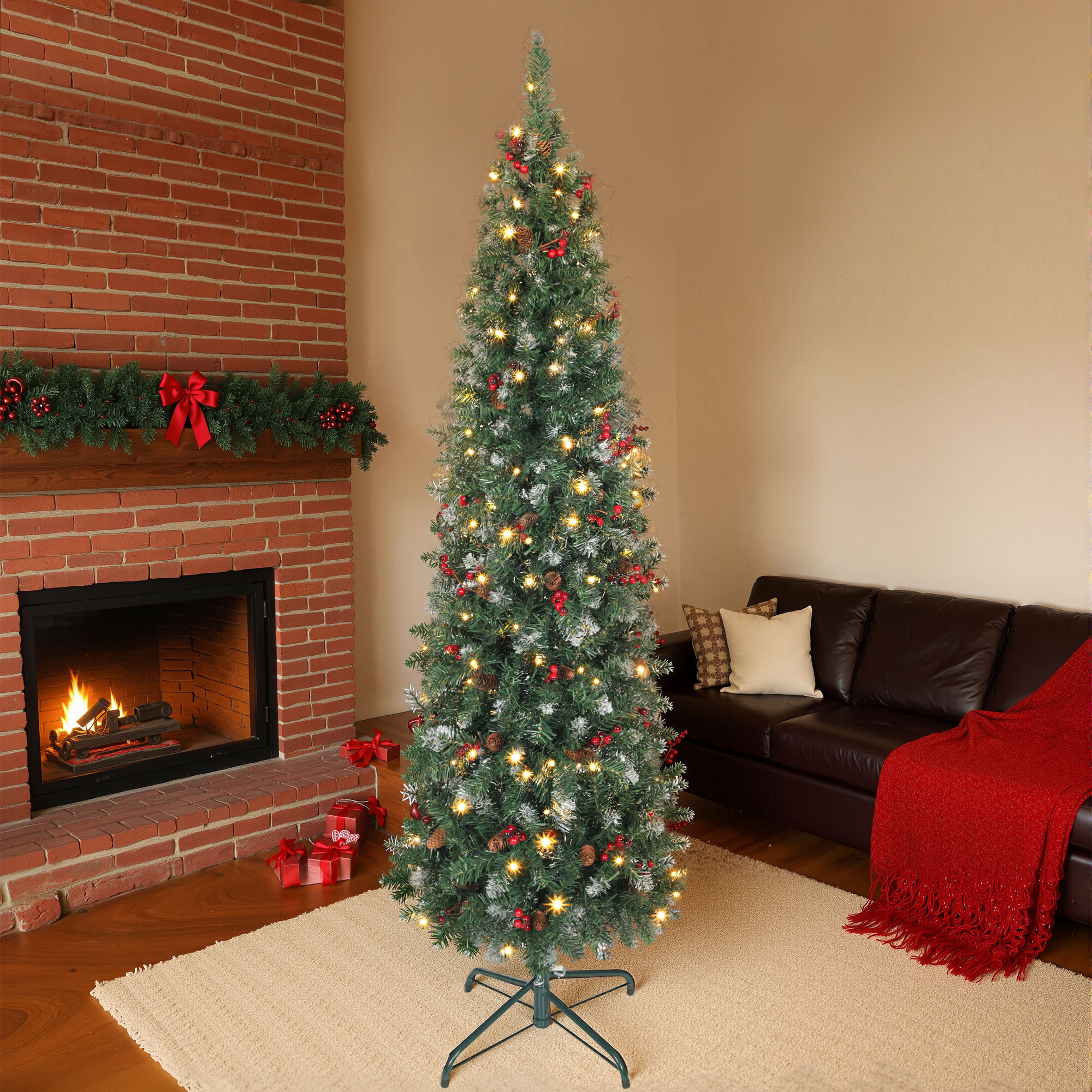 Árbol de Navidad Estrecho 180 cm, Árbol de Navidad Artificial con Luces LED Blanca Cálida, 8 Modos de Iluminación, 461 Ramas con Purpurina Plateada, Piñas, Bayas y Soporte Metálico, Verde