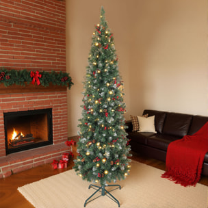 Árbol de Navidad Estrecho 180 cm, Árbol de Navidad Artificial con Luces LED Blanca Cálida, 8 Modos de Iluminación, 461 Ramas con Purpurina Plateada, Piñas, Bayas y Soporte Metálico, Verde