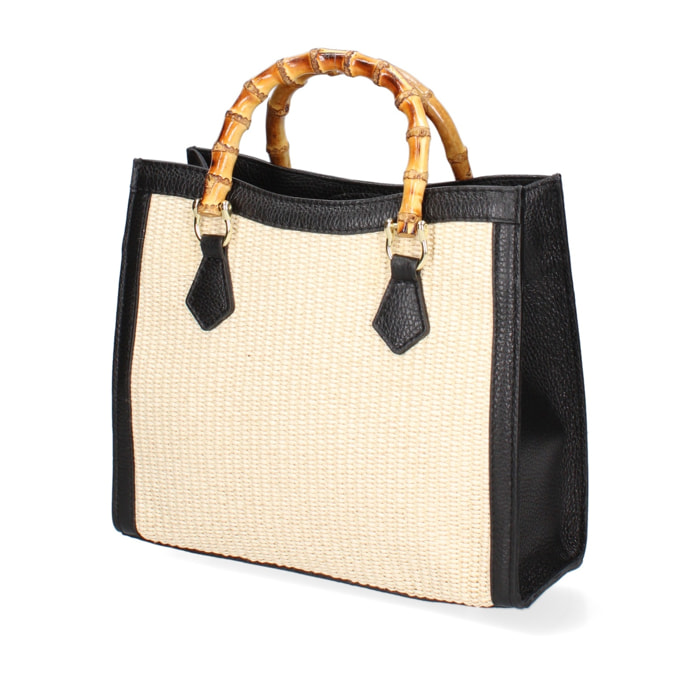 Borsa a mano da donna - Modello Aella - Paglia e Vera Pelle - 25.0 x 27.0 x 9.0 cm
