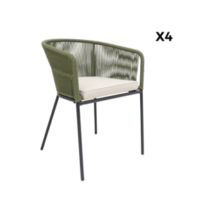 Lot de 4 fauteuils de jardin en corde kaki et acier galvanisé. coussins beige