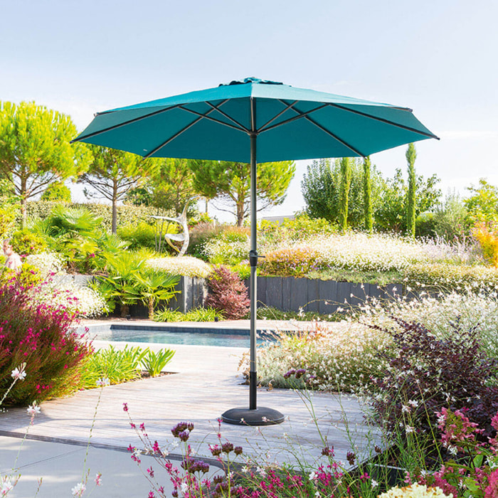 Parasol droit rond "Loompa" bleu canard 3m en aluminium
