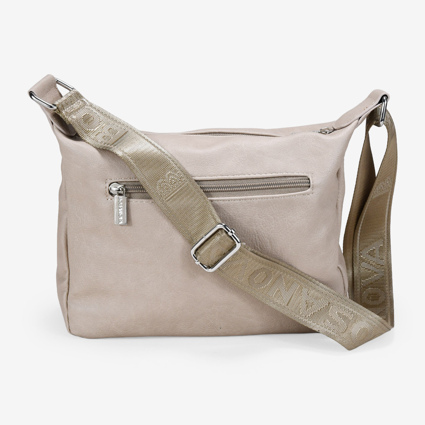 Bolso bandolera beige con cremalleras y tachas