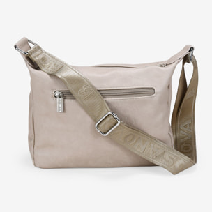 Bolso bandolera beige con cremalleras y tachas