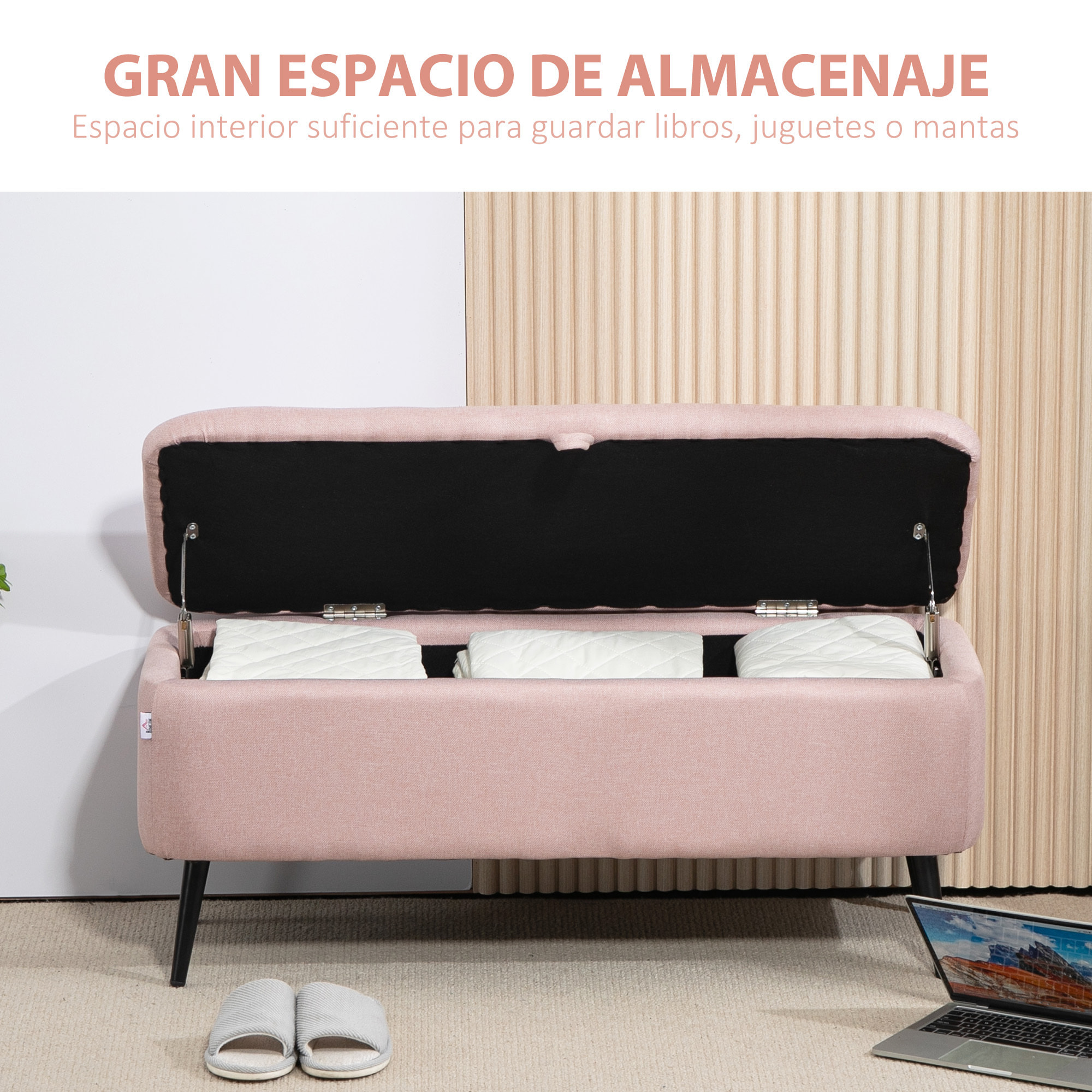 Banco de Almacenamiento Taburete de Almacenaje Tapizado en Lino con Tapa Abatible y Patas de Acero para Dormitorio Salón Entrada Carga 150 kg 101x38,5x44,5 cm Rosa