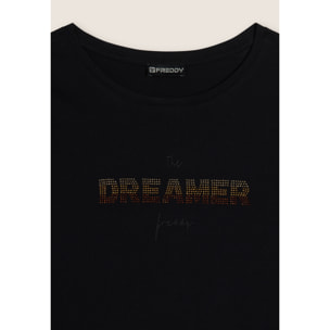 T-shirt a maniche lunghe con scritta Dreamer in strass
