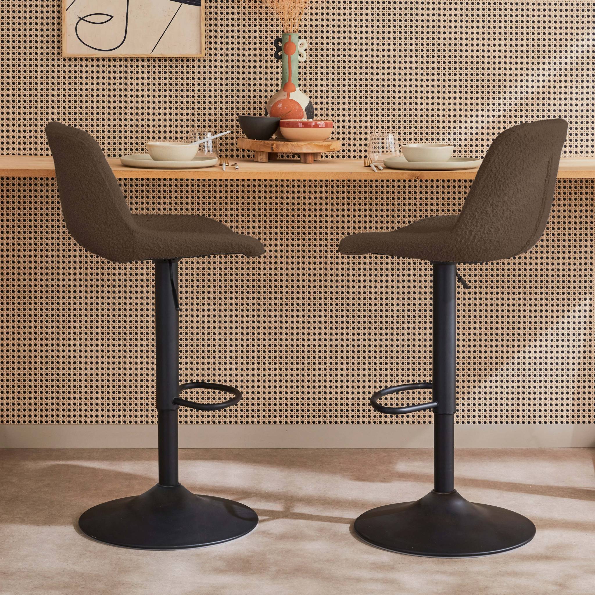Lot de 2 tabourets de bar réglables - Noah - bouclette texturée taupe - hauteur réglable 60.5/81.5cm . repose-pieds