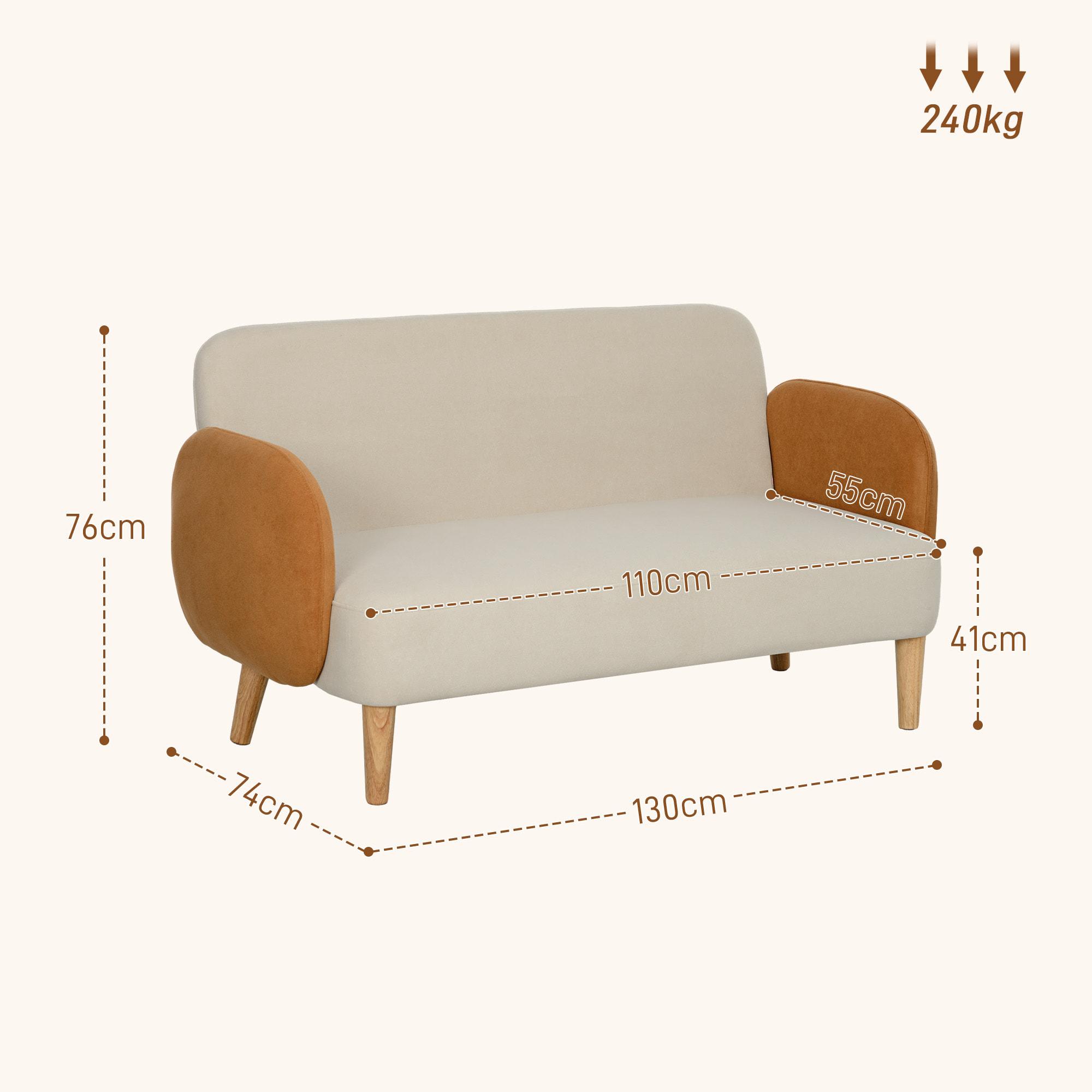 Sofá de 2 Plazas Tapizado en Terciopelo Sofá de Salón con Reposabrazos y Patas de Madera Sofá Pequeño Carga 240 kg para Dormitorio Oficina 130x74x76 cm Crema
