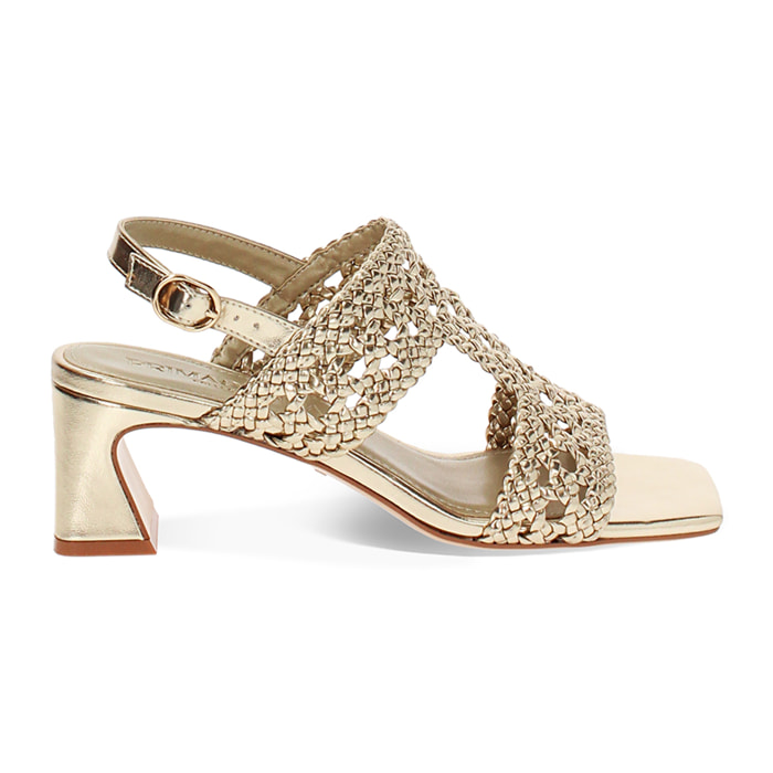 Sandalo donna oro intrecciato, tacco 5,5 cm