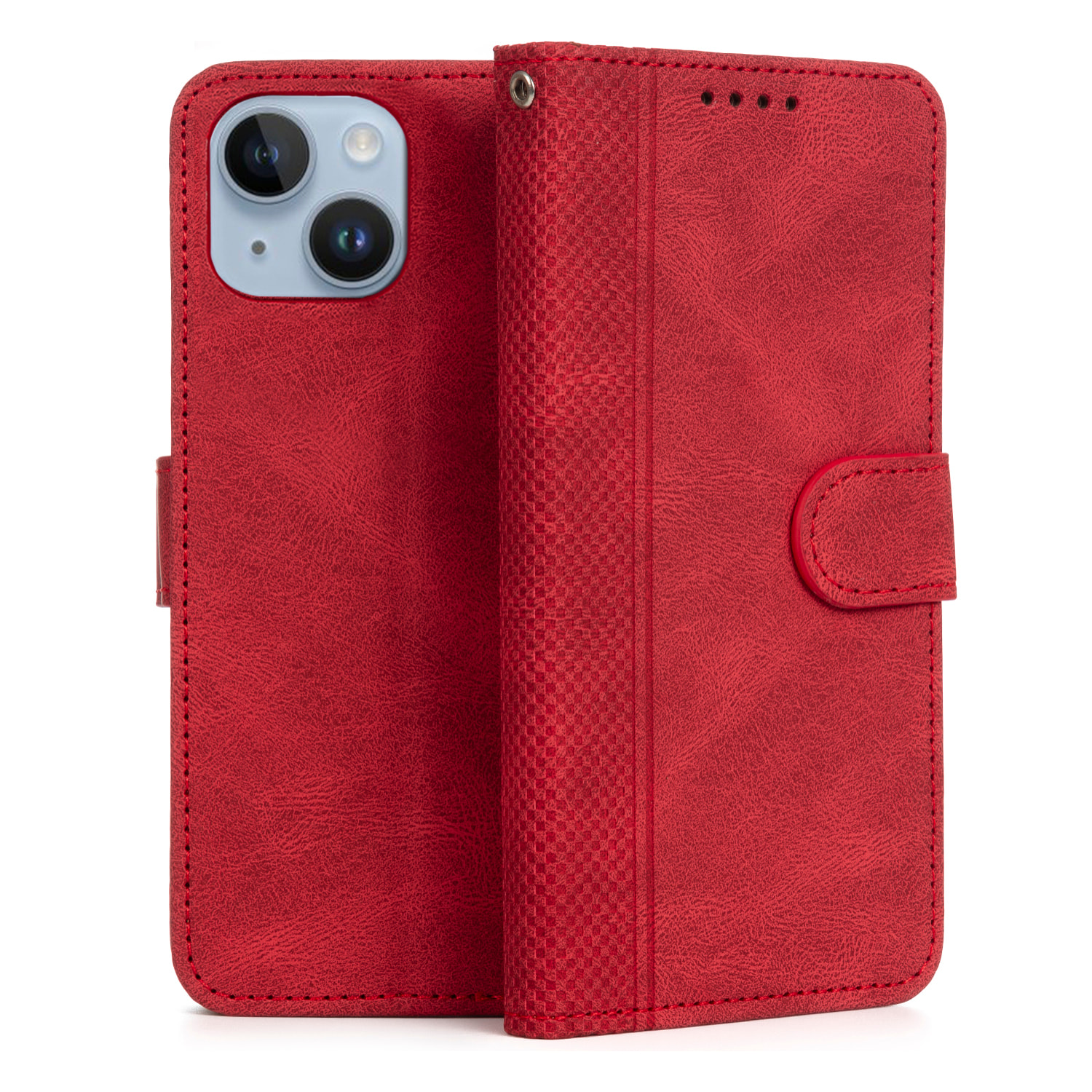 Custodia in similpelle antishock stile libro per iPhone 15. Portacarte interno, cinturino da polso removibile.