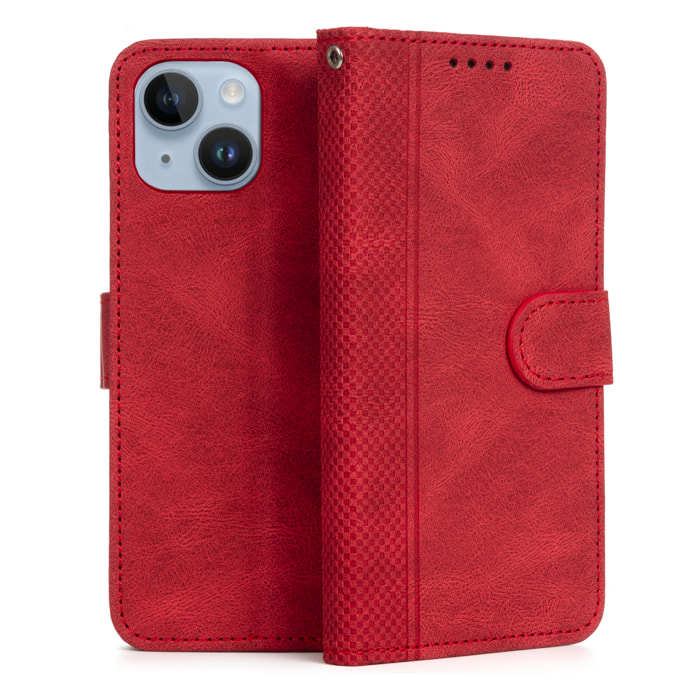 Custodia in similpelle antishock stile libro per iPhone 15. Portacarte interno, cinturino da polso removibile.