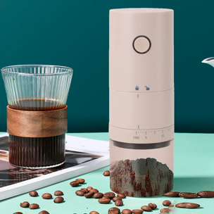 Molino de café eléctrico portátil 995, 30W, batería recargable de 2000mAh, capacidad 120ml, ajuste de grosor y luces de aviso de batería.