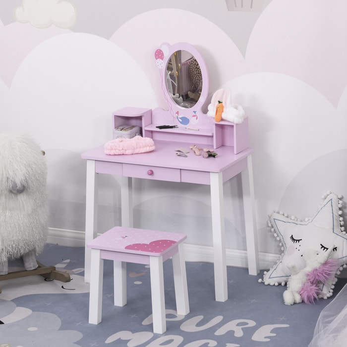 Coiffeuse enfant table de maquillage avec tabouret, 1 tiroir, miroir 59 x 39 x 92 cm bois rose