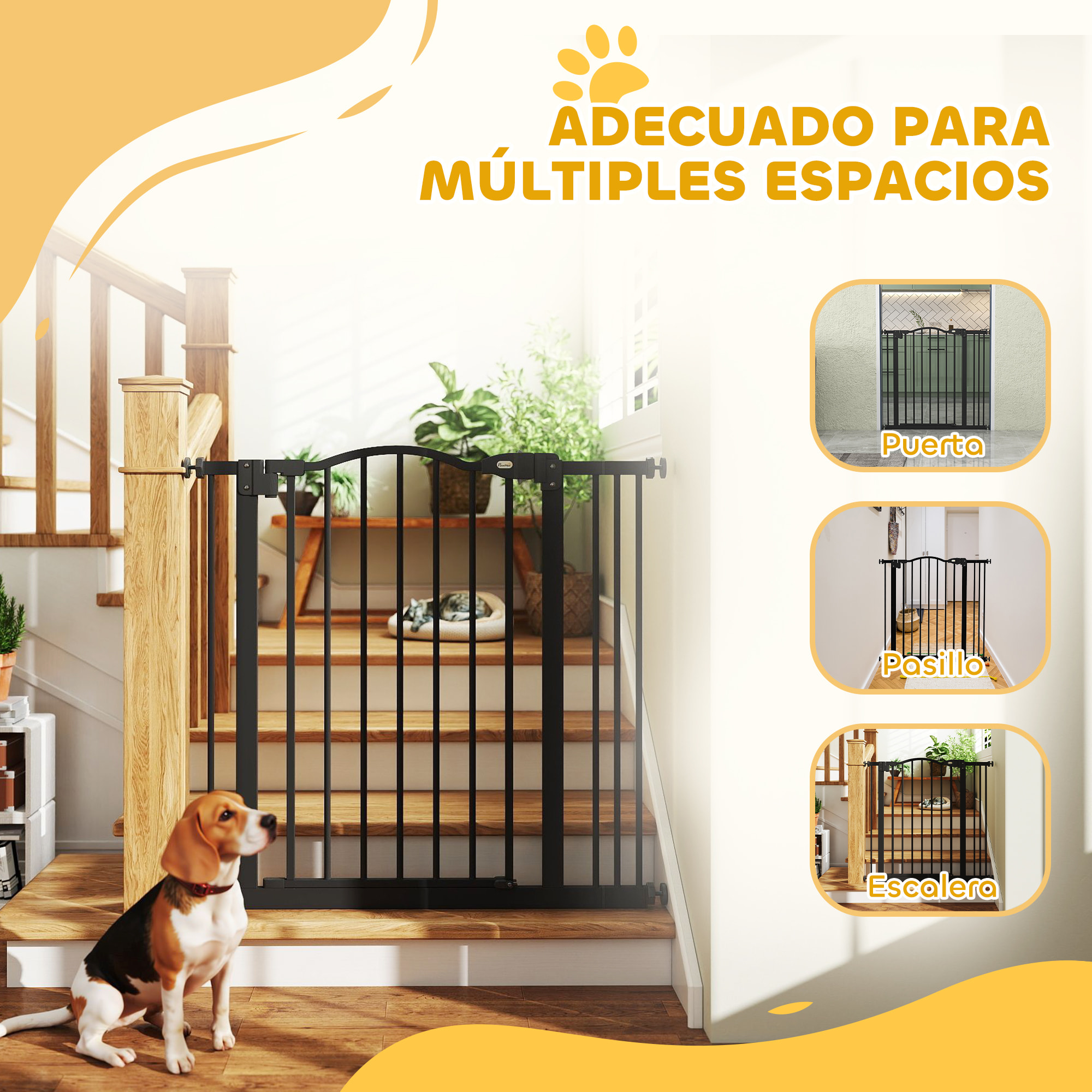 Barrera de seguridad para Perros Extensible 74-87 cm, para Puertas y Escaleras, Barrera para Perros con Extensión 7 cm, Montaje a Presión y Doble Bloqueo, Negro