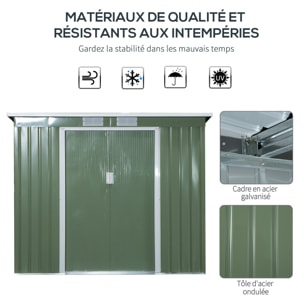 Abri de jardin - remise pour outils - fondation incluse - cabanon 2 portes coulissantes verrouillables - dim. 213L x 130l x 173H cm - tôle d'acier vert