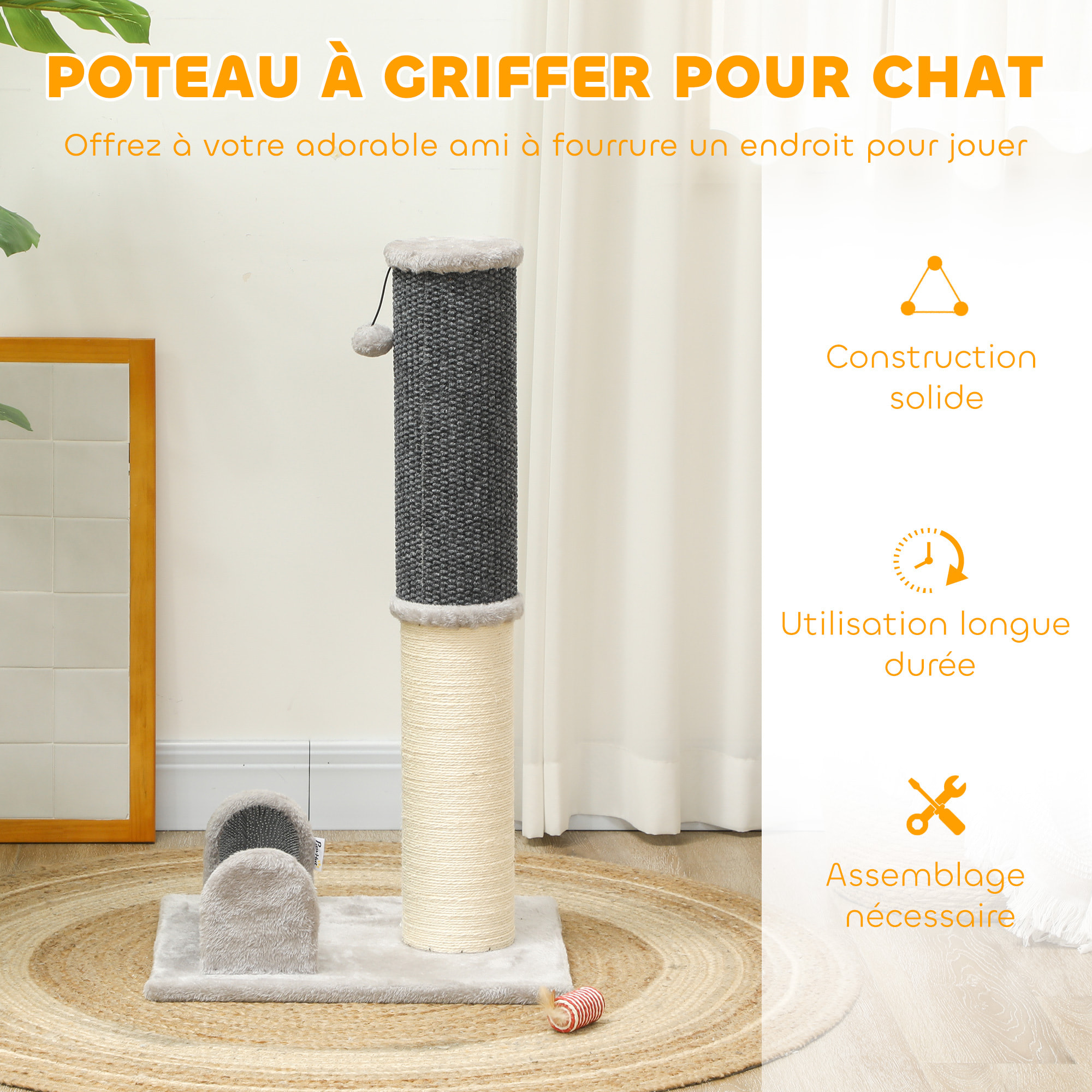 Arbre à chat - griffoir grattoir H.85 cm - jeu boule, bande massante - sisal naturel peluche gris