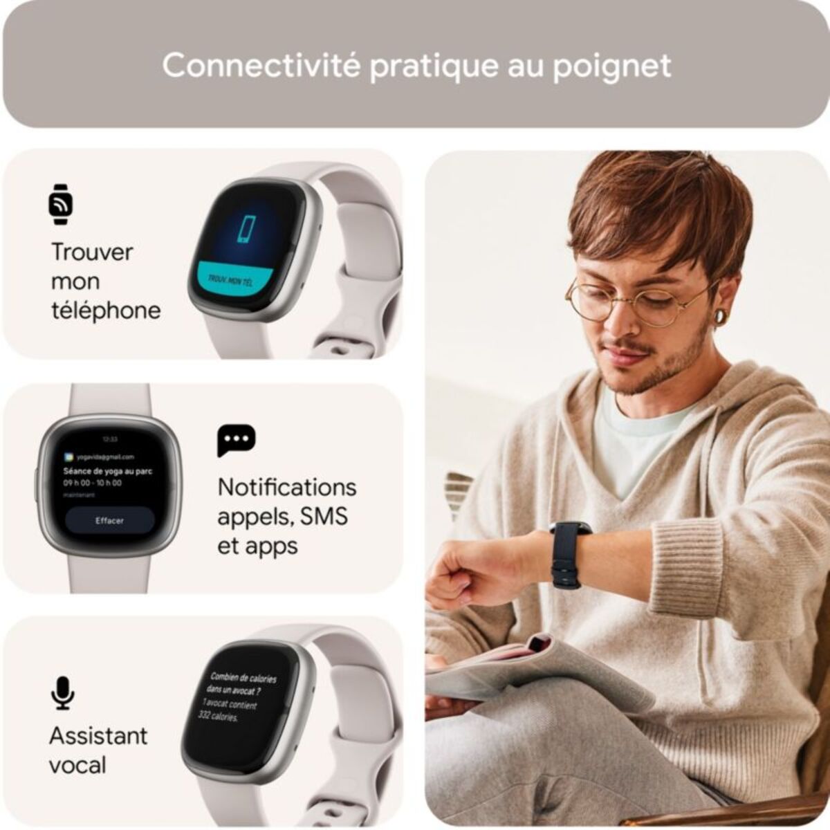 Montre santé FITBIT Sense 2 Aluminium Platine et Blanc