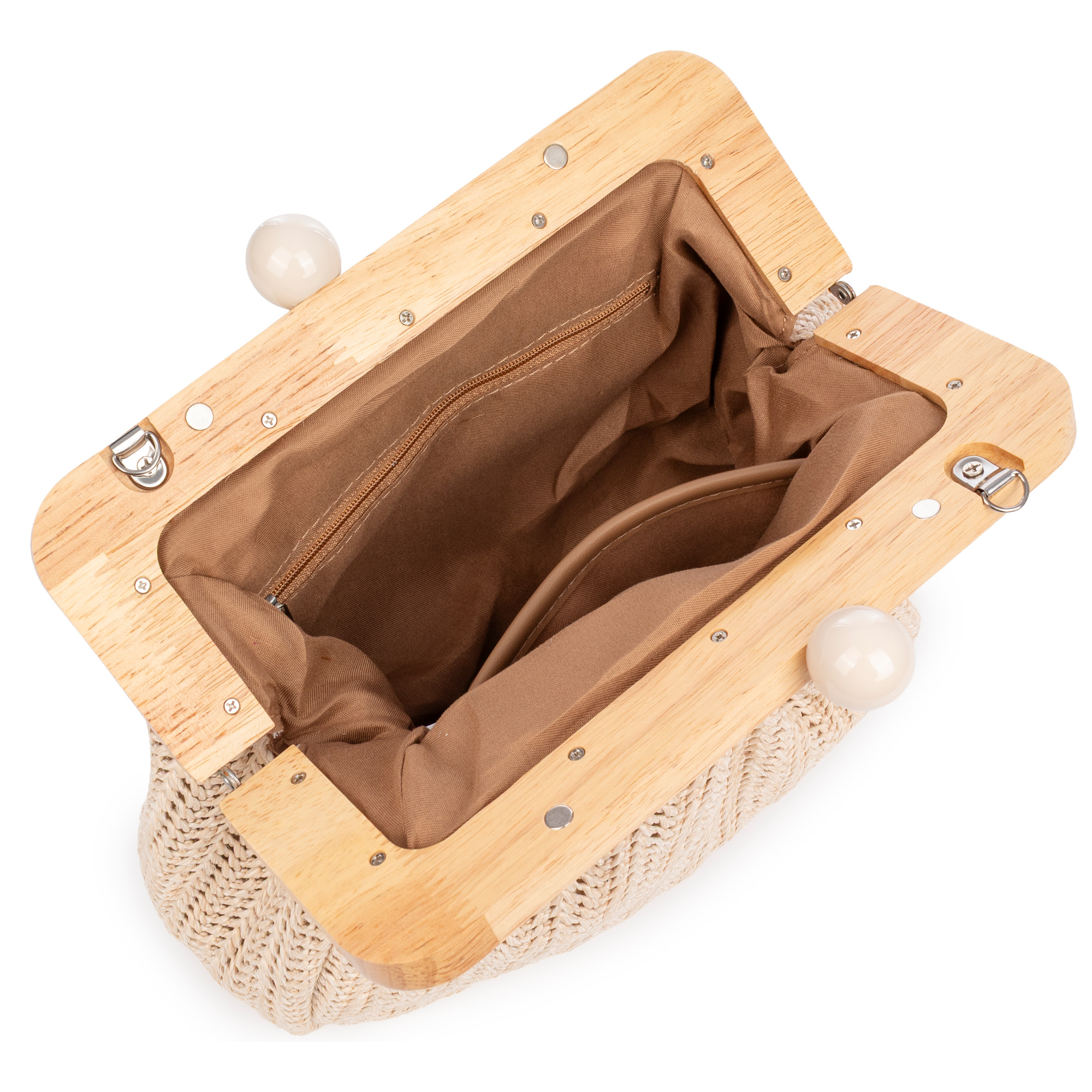 Benestare Bolso bandolera Mujer. Tela con detalles de madera natural y piel sintética.