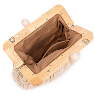 Benestare Bolso bandolera Mujer. Tela con detalles de madera natural y piel sintética.