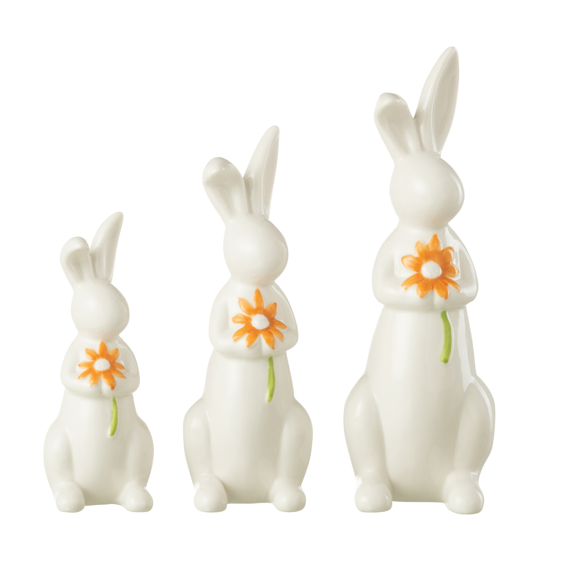 J-Line décoration Lapins Fleurs - porcelaine - orange/blanc - 3 pièces