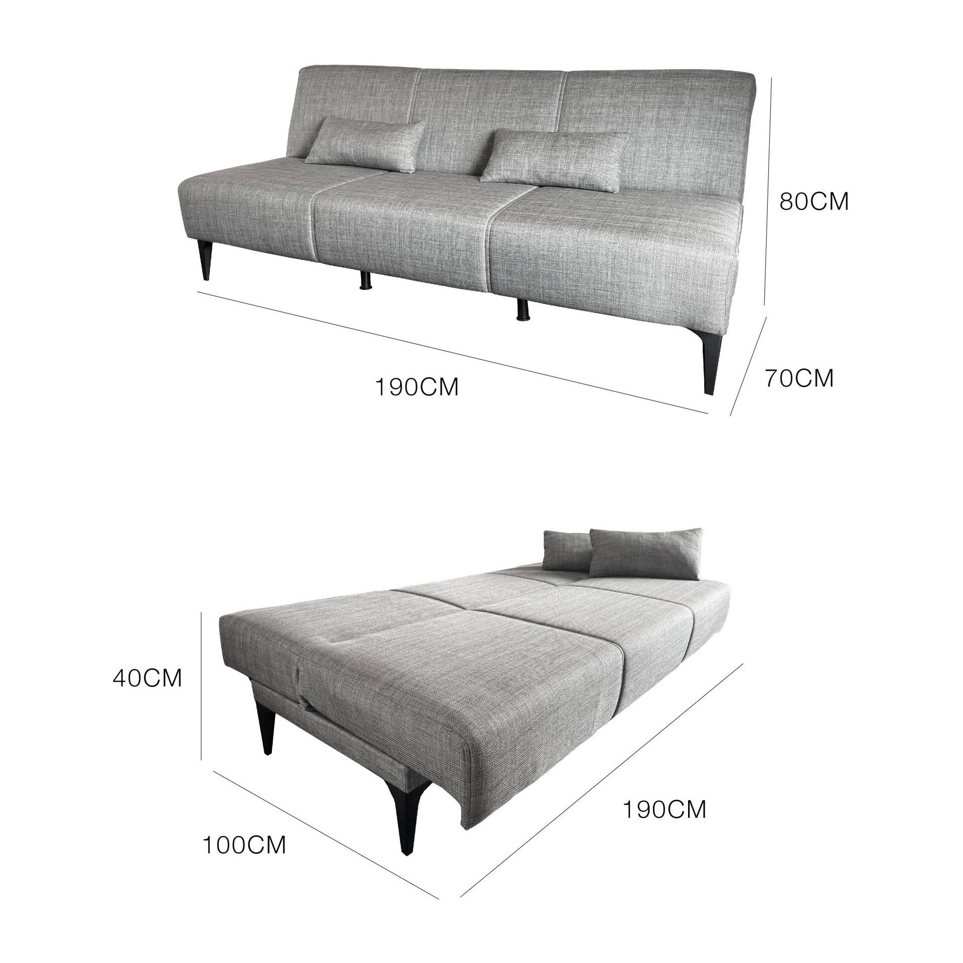 Divano letto Hugo, Divano letto in tessuto, Divano letto con apertura click-clack, Divano letto con cuscini, 190x70h80 cm, Grigio