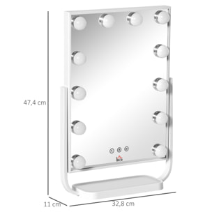 HOMCOM Espejo de Maquillaje con Luz Espejo Hollywood de Mesa con 12 LED 3 Modos y Luz Ajustable Pantalla Táctil y Función de Memoria para Dormitorio Baño 32,8x11x47,4 cm Blanco