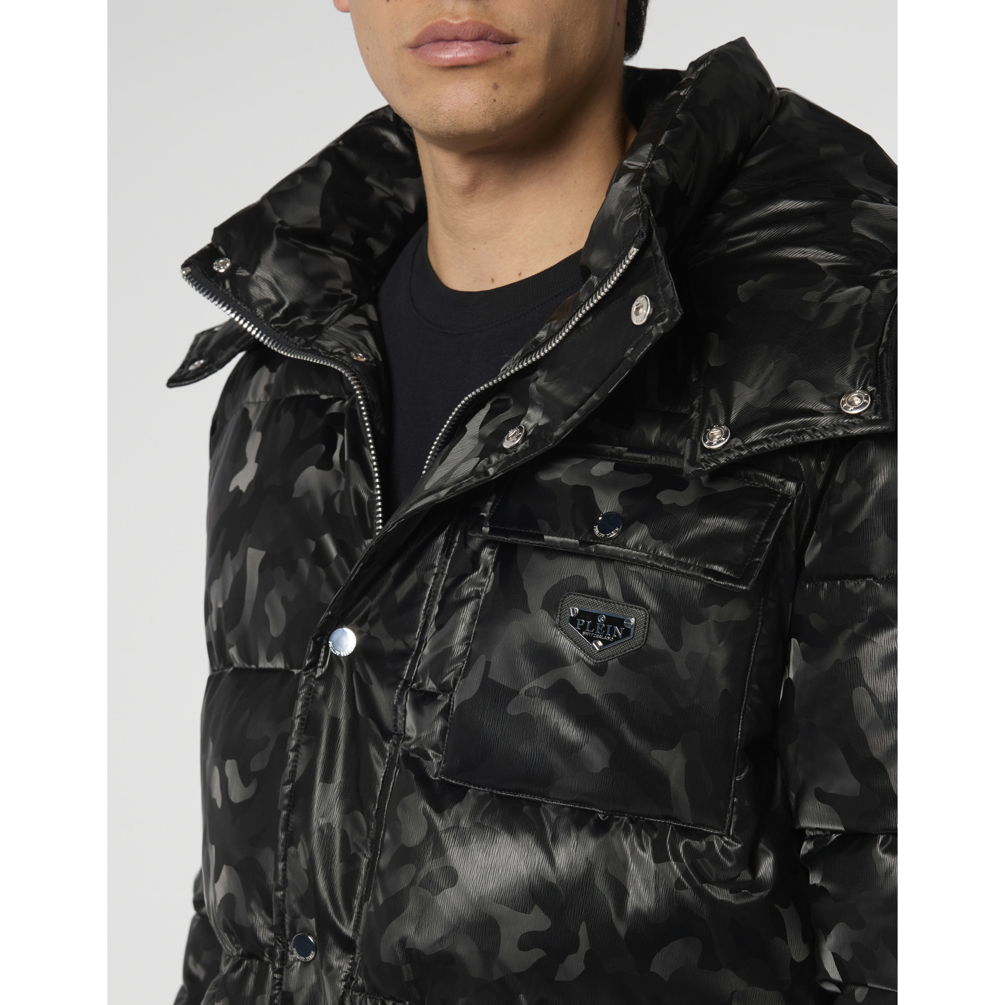 PHILIPP PLEIN Shiny Nylon Puffer Jacket Camouflage