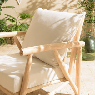 WILL - Fauteuil MADURA en branches de teck naturel coussins blancs