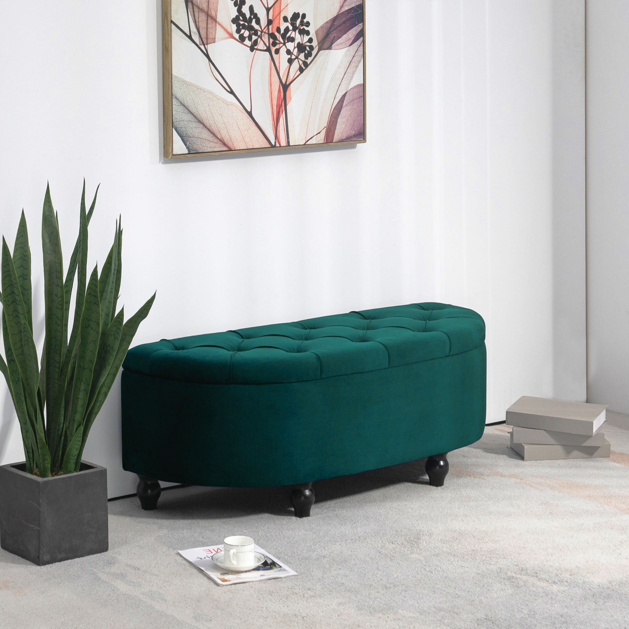 Pouf de rangement coffre 2 en 1 - pouf design classique chic capitonné demi-cercle - pieds bois hévéa noir revêtement velours vert emeraude