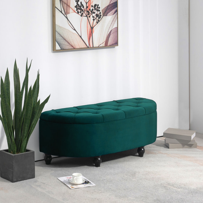 Pouf de rangement coffre 2 en 1 - pouf design classique chic capitonné demi-cercle - pieds bois hévéa noir revêtement velours vert emeraude
