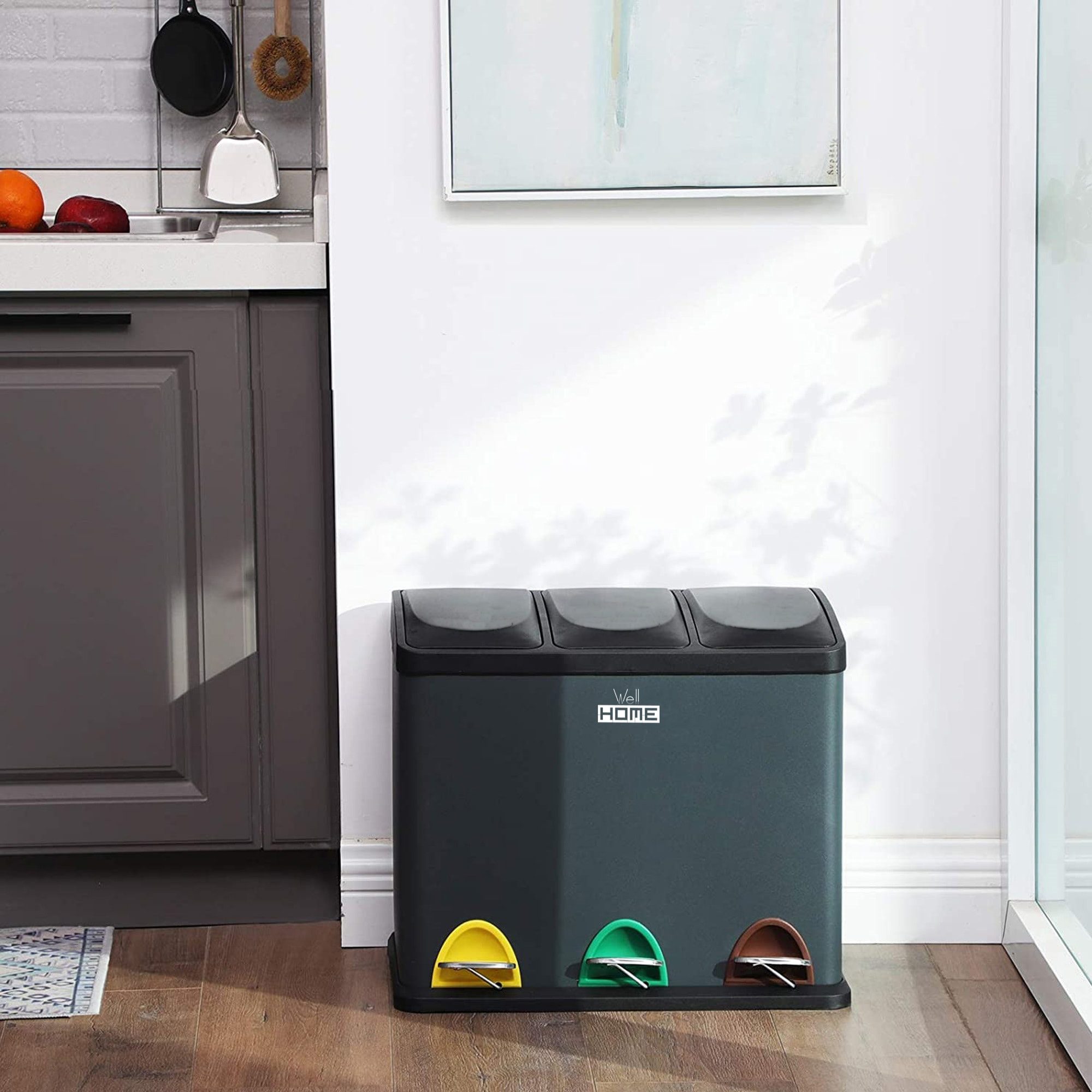 Cubo de reciclaje ecológico 45 litros de 3 compartimentos, reciclaje de basura / cubos de reciclaje, gran capacidad, para papel, vidrio y plástico