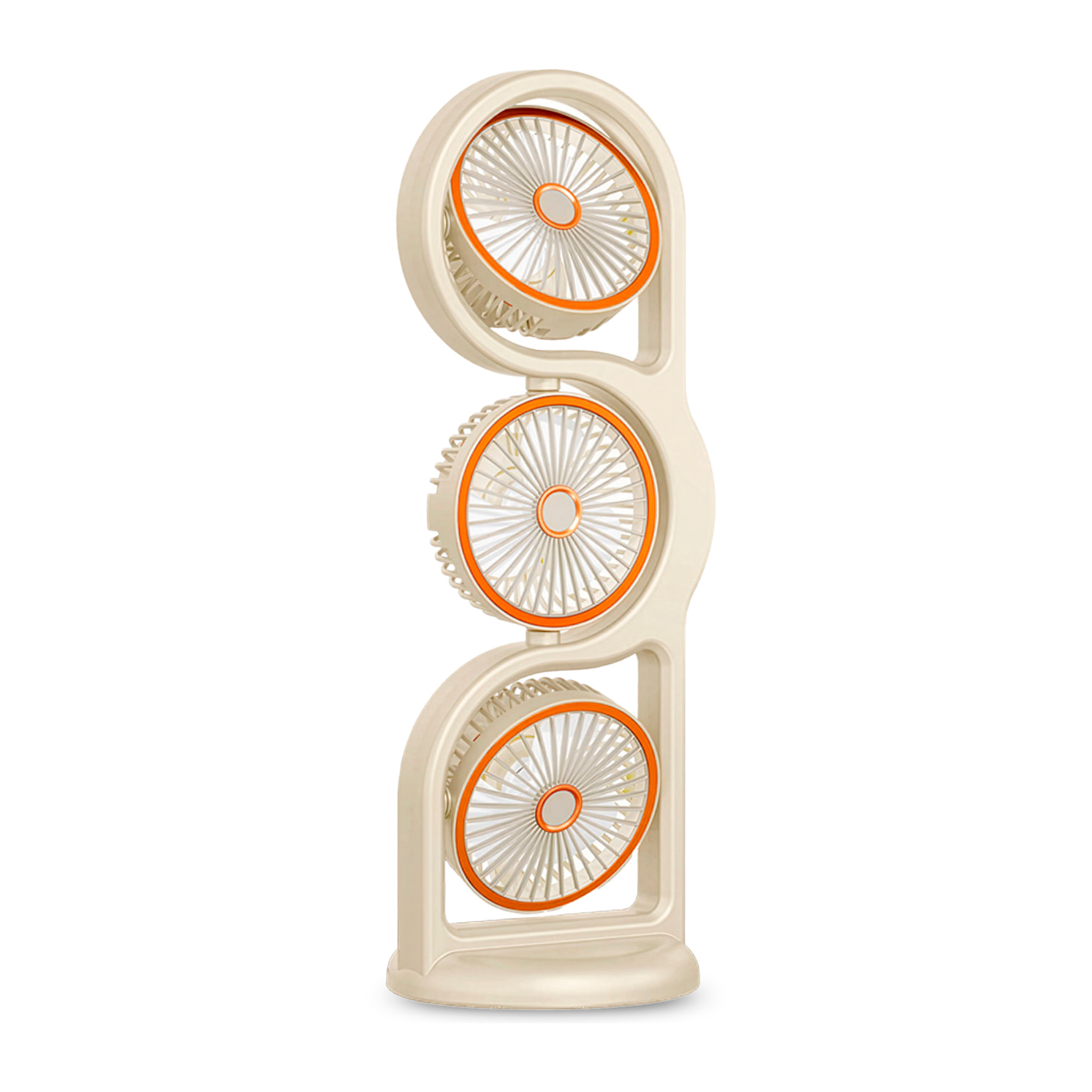 Ventilador de sobremesa F17. Con 3 ventiladores independientes, 5 velocidades por unidad y giro 360° vertical y horizontal. Incluye iluminación con 3 niveles de intensidad.