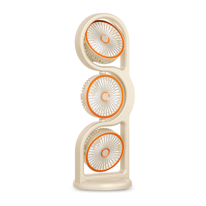 Ventilador de sobremesa F17. Con 3 ventiladores independientes, 5 velocidades por unidad y giro 360° vertical y horizontal. Incluye iluminación con 3 niveles de intensidad.