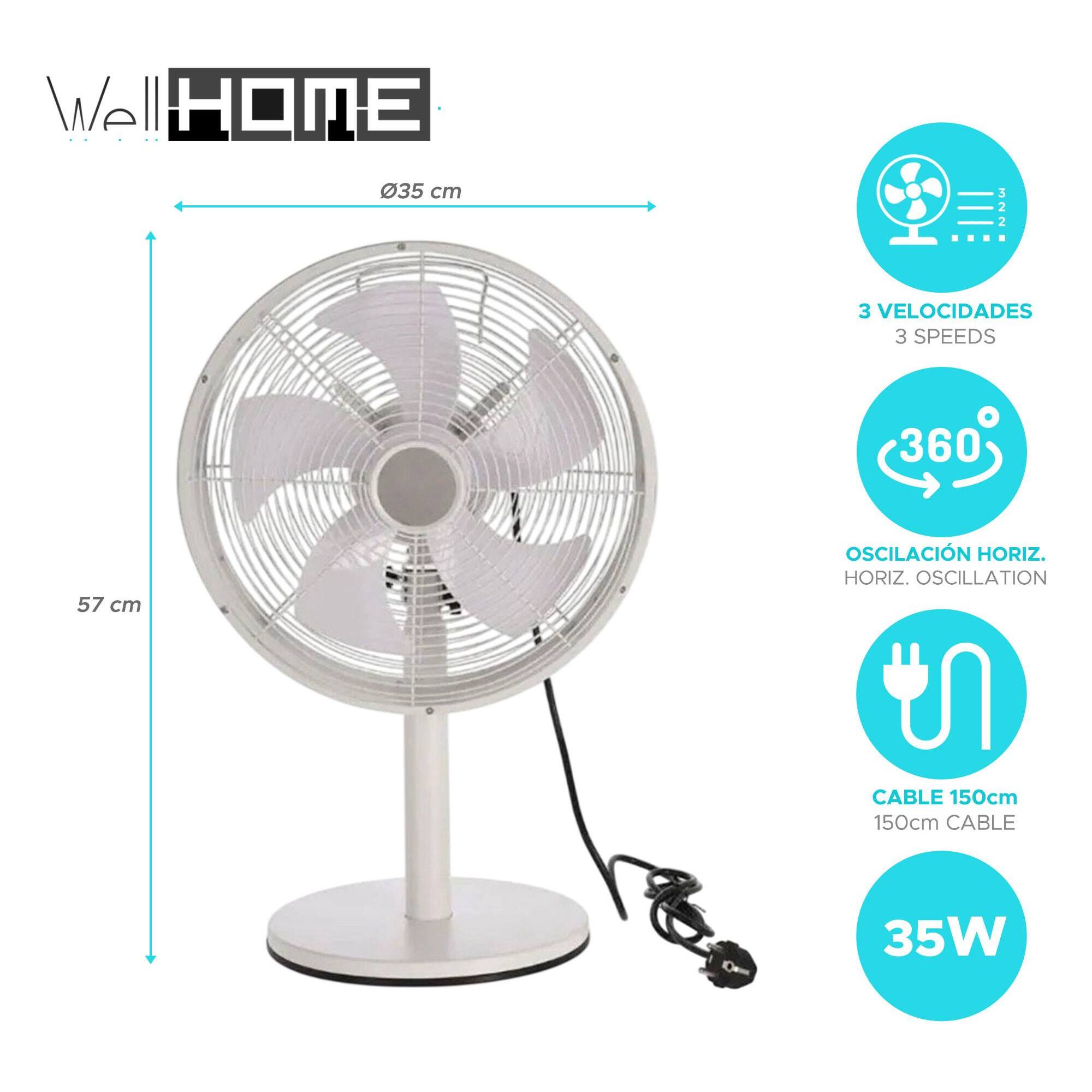 Well Home Ventilador de pie, Ø35cm, 35W, 3 velocidades, oscilación horizontal, 220-240V 50Hz, blanco mate