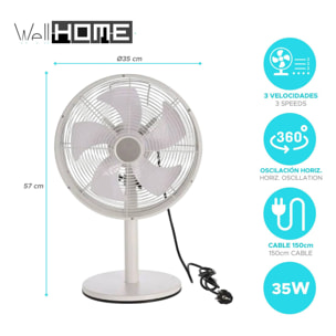 Well Home Ventilador de pie, Ø35cm, 35W, 3 velocidades, oscilación horizontal, 220-240V 50Hz, blanco mate