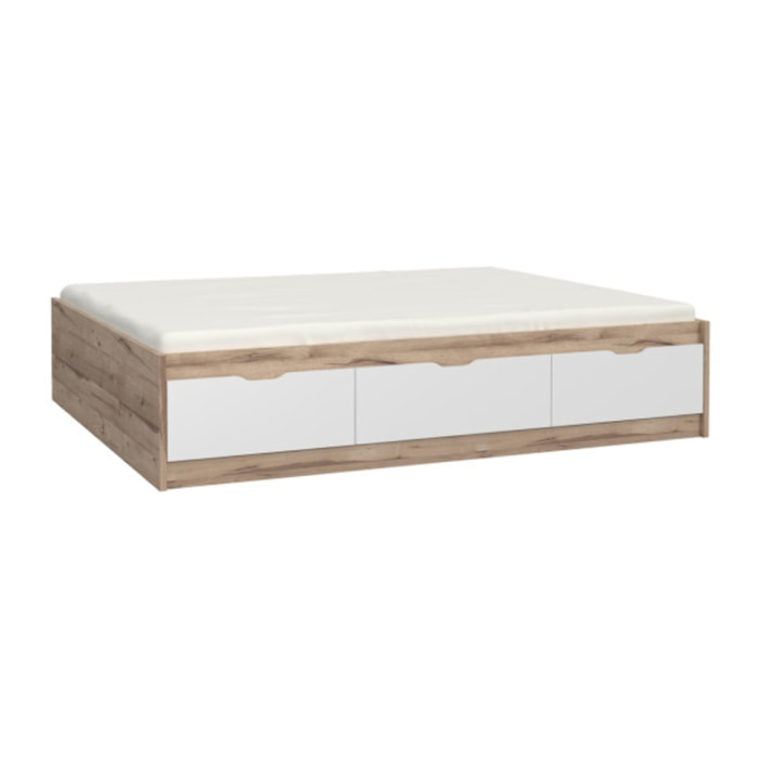 Lit double 160x200cm avec tiroirs effet bois chêne naturel et blanc mat - WANDA