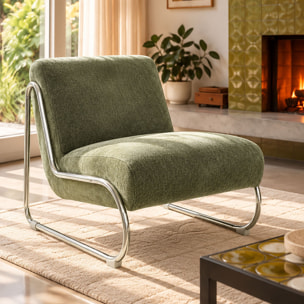 Fauteuil en tissu chenille et pied en métal vert HELIO