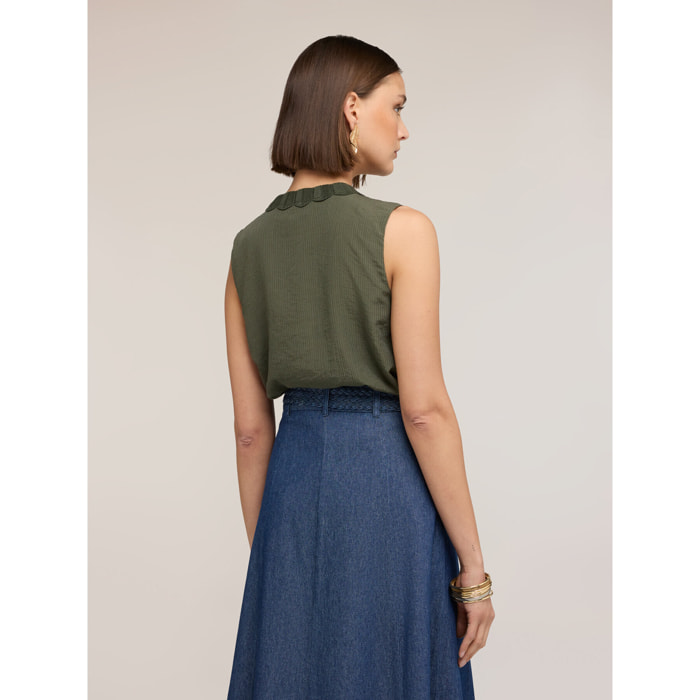Motivi - Top misto lyocell con bordi in maglia - Verde militare