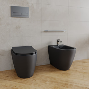Coppia Sanitari Filomuro Filo Muro Filo Parete Vaso WC E Bidet Design Moderno Ceramica Copriwater Chiusura Soft Close Chiusura Rallentata Nero Opaco